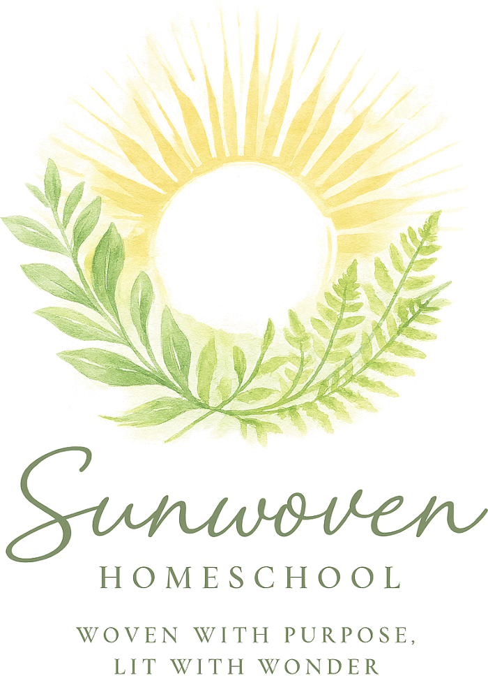 Sunwoven Homeschool logo: a watercolor sun inside a wreath of leaves and fern. Woven with purpose, lit with wonder.